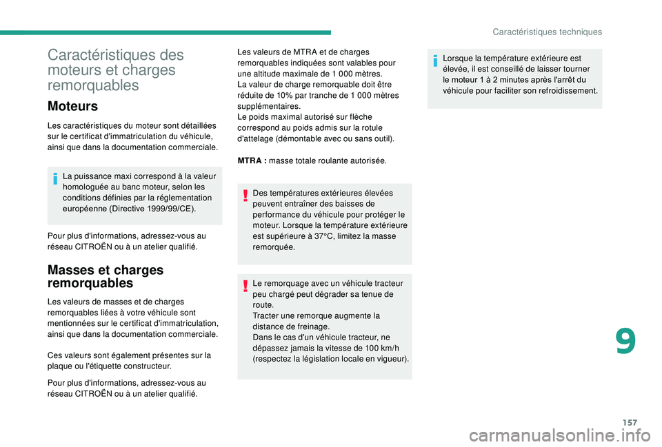 CITROEN JUMPER 2019 Notices Demploi (in French) 157
Caractéristiques des
moteurs et charges
remorquables
Moteurs
Les caractéristiques du moteur sont détaillées
sur le certificat d'immatriculation du véhicule,
ainsi que dans la document CITROEN JUMPER 2019 Notices Demploi (in French) 157
Caractéristiques des
moteurs et charges
remorquables
Moteurs
Les caractéristiques du moteur sont détaillées
sur le certificat d'immatriculation du véhicule,
ainsi que dans la document