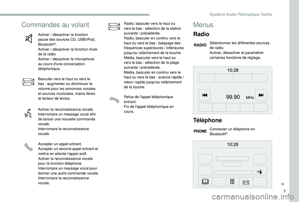 CITROEN JUMPER 2019 Notices Demploi (in French) 3
Commandes au volant
Activer / désactiver la fonction
pause des sources CD, USB/iPod,
Bluetooth
®.
Activer
/ désactiver la fonction mute
de la radio.
Activer
/ désactiver le microphone
au CITROEN JUMPER 2019 Notices Demploi (in French) 3
Commandes au volant
Activer / désactiver la fonction
pause des sources CD, USB/iPod,
Bluetooth
®.
Activer
/ désactiver la fonction mute
de la radio.
Activer
/ désactiver le microphone
au