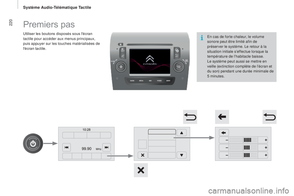 CITROEN JUMPER 2017  Notices Demploi (in French) Système audio-Télématique Tactile
220Premiers pas
Utiliser les boutons disposés sous l'écran 
tactile pour accéder aux menus principaux, 
puis appuyer sur les touches matérialisées de 
l&#