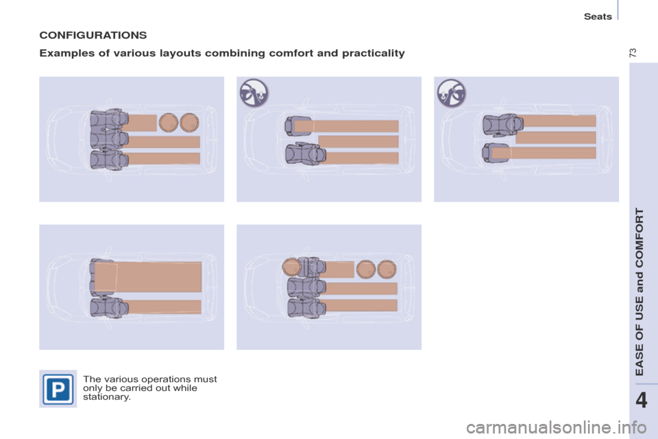 Citroen BERLINGO 2014.5 2.G Owners Manual 73
Berlingo-2-VU_en_Chap04_Ergonomie_ed02-2014
CONFIGURATIONS
Examples of various layouts combining comfort and practicality
The various operations must 
only be carried out while 
stationary. 
Seats 