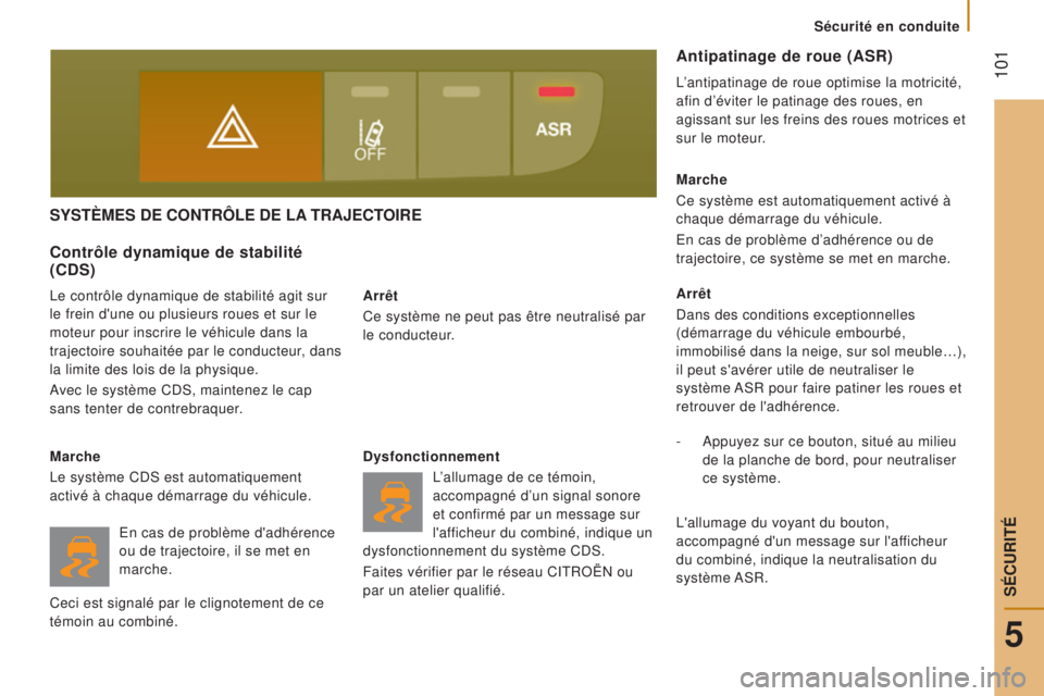 CITROEN JUMPER 2016  Notices Demploi (in French)  101
SySTèmeS De CONTrôLe De La TraJeCTOIre
arrêt
Ce système ne peut pas être neutralisé par  
le conducteur.
Contrôle dynamique de stabilité 
(CDS)
Le contrôle dynamique de stabilité agit s