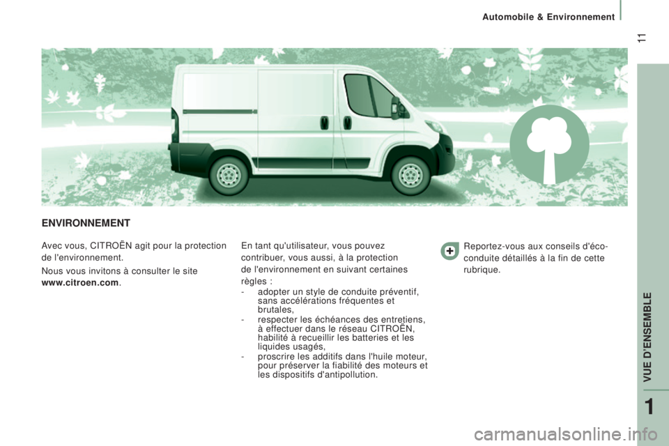 CITROEN JUMPER 2016  Notices Demploi (in French)  11
eNVIrONNemeNT
Avec vous, CITROËN agit pour la protection 
de l'environnement.
Nous vous invitons à consulter le site  
www.citroen.com. En tant qu'utilisateur, vous pouvez 
contribuer, v