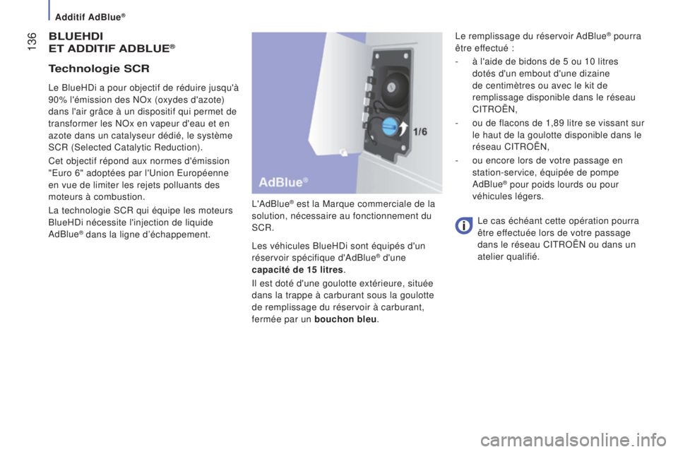 CITROEN JUMPER 2016  Notices Demploi (in French)  136
bLueHDI
e
T  a DDITIF   aDbL ue®
L'AdBlue® est la Marque commerciale de la 
solution, nécessaire au fonctionnement du 
SCR.
Les véhicules BlueHDi sont équipés d'un 
réservoir spéc