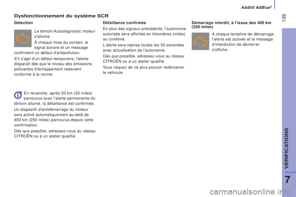 CITROEN JUMPER 2016  Notices Demploi (in French)  139
Dysfonctionnement du système SCr
Le témoin Autodiagnostic moteur 
s'allume.
À chaque mise du contact, le 
signal sonore et un message 
confirment un défaut d'antipollution.
S'il s