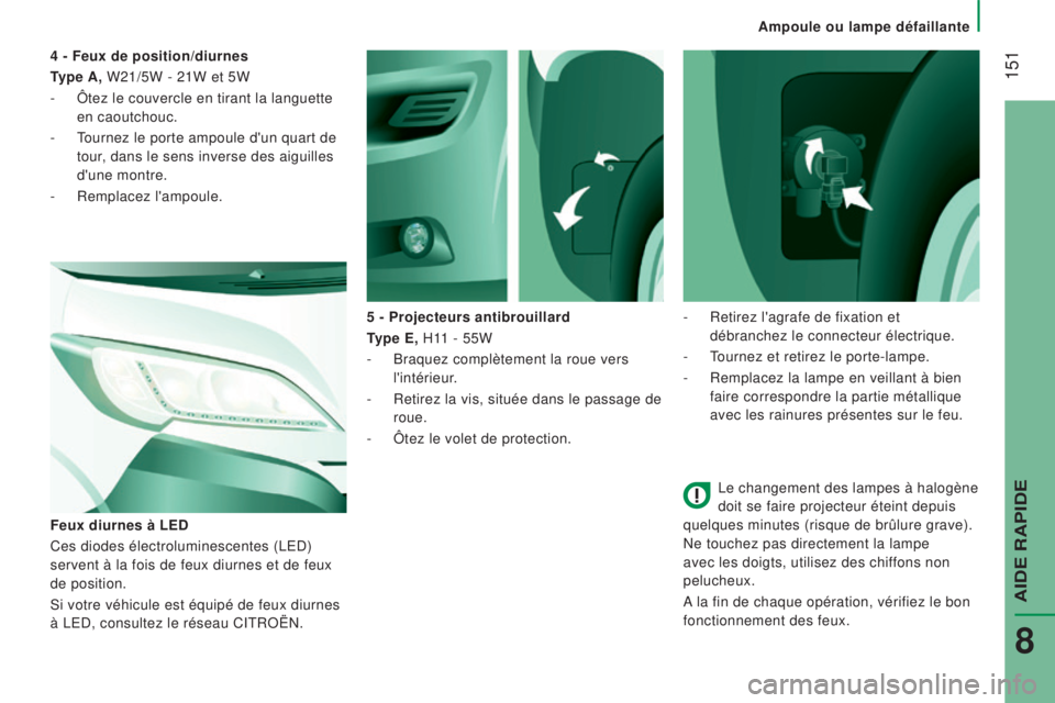 CITROEN JUMPER 2016  Notices Demploi (in French)  151
Le changement des lampes à halogène 
doit se faire projecteur éteint depuis 
quelques
  minutes (risque de brûlure grave). 
Ne touchez pas directement la lampe 
avec les doigts, utilisez des 