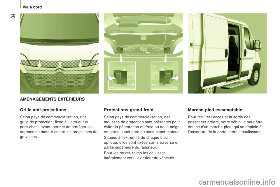 CITROEN JUMPER 2016  Notices Demploi (in French)  84
améNaGemeNTS exTérIeurS
Grille anti-projections
Selon pays de commercialisation, une 
grille de protection, fixée à l'intérieur du 
pare-chocs avant, permet de protéger les 
organes du m