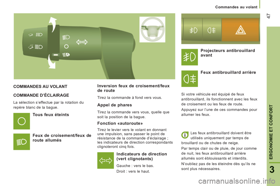 CITROEN JUMPER 2014  Notices Demploi (in French) 47
3
ERGONOMIE ET CONFOR
T
Commandes au volant
COMMANDE D’ÉCLAIRAGE
  La sélection s’effectue par la rotation du 
repère blanc de la bague.  
 
 
 
Indicateurs de direction (vert clignotants) 
