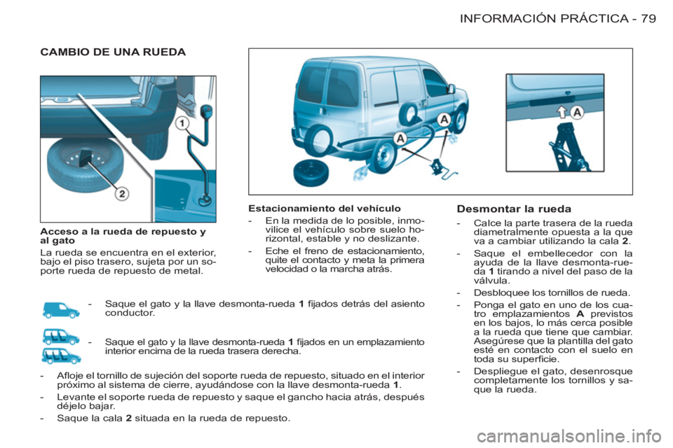 CITROEN BERLINGO FIRST 2011  Manuales de Empleo (in Spanish) 79 INFORMACIÓN PRÁCTICA
-
  CAMBIO DE UNA RUEDA 
 
 
 
Estacionamiento del vehículo 
   
 
-   En la medida de lo posible, inmo-
vilice el vehículo sobre suelo ho-
rizontal, estable y no deslizant