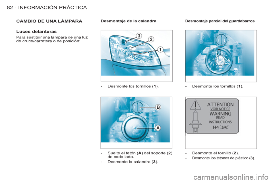 CITROEN BERLINGO FIRST 2011  Manuales de Empleo (in Spanish) INFORMACIÓN PRÁCTICA
82 -
  CAMBIO DE UNA LÁMPARA 
   
Luces delanteras 
 
Para sustituir una lámpara de una luz 
de cruce/carretera o de posición:    
 
Desmontaje de la calandra 
 
   
 
-   De