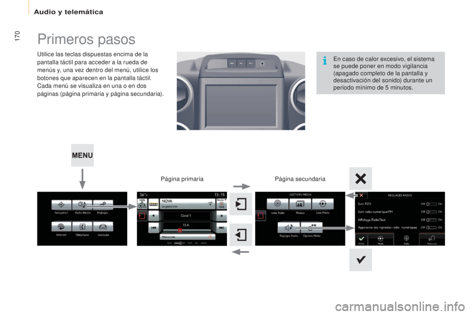 CITROEN BERLINGO ELECTRIC 2017  Manuales de Empleo (in Spanish) 170
Berlingo-2-Vu_es_ chap10a_SMe Gplus_ed01-2015
Primeros pasos
utilice las teclas dispuestas encima de la 
pantalla táctil para acceder a la rueda de 
menús y, una vez dentro del menú, utilice lo