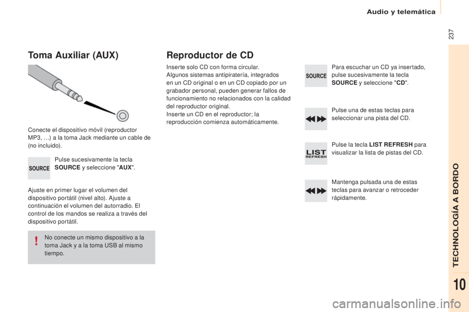 CITROEN BERLINGO ELECTRIC 2017  Manuales de Empleo (in Spanish)  237
Berlingo-2-Vu_es_ chap10b_R d45_ed01-2015
Toma Auxiliar (AUx)
conecte el dispositivo móvil (reproductor  
MP3, …) a la toma Jack mediante un cable de 
(no incluido).
Pulse sucesivamente la tec