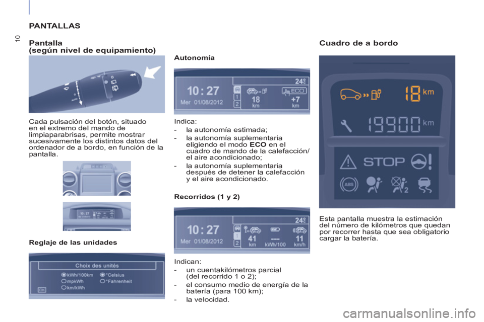 CITROEN BERLINGO ELECTRIC 2017  Manuales de Empleo (in Spanish) 10
  PANTALLAS 
   
Pantalla 
(según nivel de equipamiento) 
  Cada pulsación del botón, situado 
en el extremo del mando de 
limpiaparabrisas, permite mostrar 
sucesivamente los distintos datos de