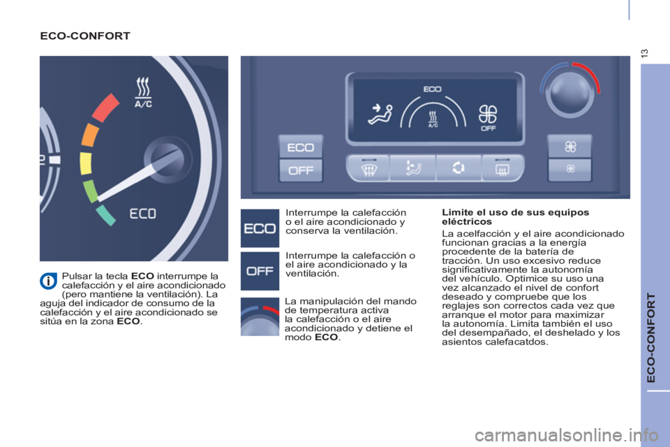 CITROEN BERLINGO ELECTRIC 2017  Manuales de Empleo (in Spanish) 13
  ECO-CONFORT 
 
ECO-CONFORT  
 
 
Limite el uso de sus equipos 
eléctricos 
  La acelfacción y el aire acondicionado 
funcionan gracias a la energía 
procedente de la batería de 
tracción. Un