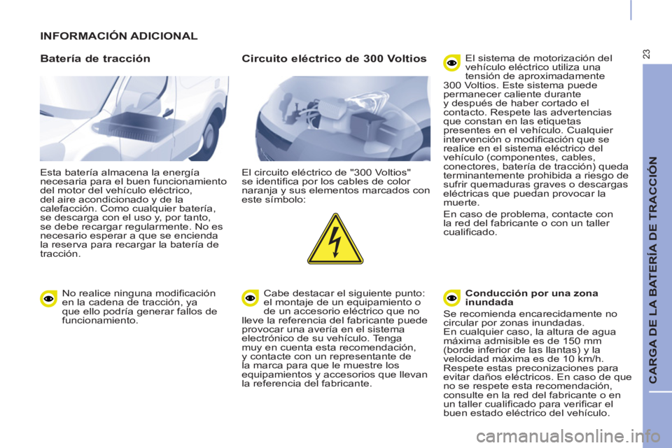CITROEN BERLINGO ELECTRIC 2017 Manuales de Empleo (in Spanish) 23
CARGA DE LA BATERÍA DE TRACCIÓN
INFORMACIÓN ADICIONAL
Batería de tracción
Esta batería almacena la energía
necesaria para el buen funcionamiento
del motor del vehículo eléct CITROEN BERLINGO ELECTRIC 2017 Manuales de Empleo (in Spanish) 23
CARGA DE LA BATERÍA DE TRACCIÓN
INFORMACIÓN ADICIONAL
Batería de tracción
Esta batería almacena la energía
necesaria para el buen funcionamiento
del motor del vehículo eléct