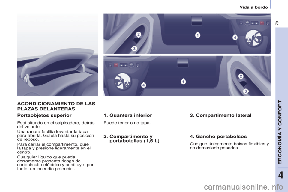 CITROEN BERLINGO ELECTRIC 2017  Manuales de Empleo (in Spanish) 79
Berlingo-2-VU_es_Chap04_Ergonomie_ed01-2015Berlingo-2-VU_es_Chap04_Ergonomie_ed01-2015
ACONDICIONAMIENTO DE LAS 
PLA
z AS   DELANTERAS
1. Guantera inferior
Puede tener o no tapa.
Portaobjetos super