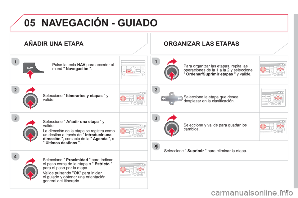 CITROEN BERLINGO ELECTRIC 2015  Manuales de Empleo (in Spanish) 9.17
05NAVEGACIÓN - GUIADO
   
AÑADIR UNA ETAPA 
 
 
Pulse la tecla NAVpara acceder al menú " Navegación".
Seleccione "  Itinerarios y etapas 
 " yvalide.
Seleccione "  Proximidad 
 " para indicar