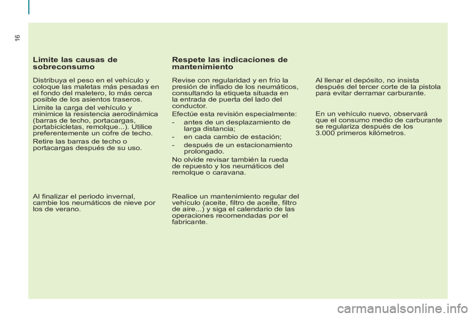 CITROEN BERLINGO ELECTRIC 2015  Manuales de Empleo (in Spanish) 16
   
Limite las causas de 
sobreconsumo 
   
Distribuya el peso en el vehículo y 
coloque las maletas más pesadas en 
el fondo del maletero, lo más cerca 
posible de los asientos traseros. 
  Lim