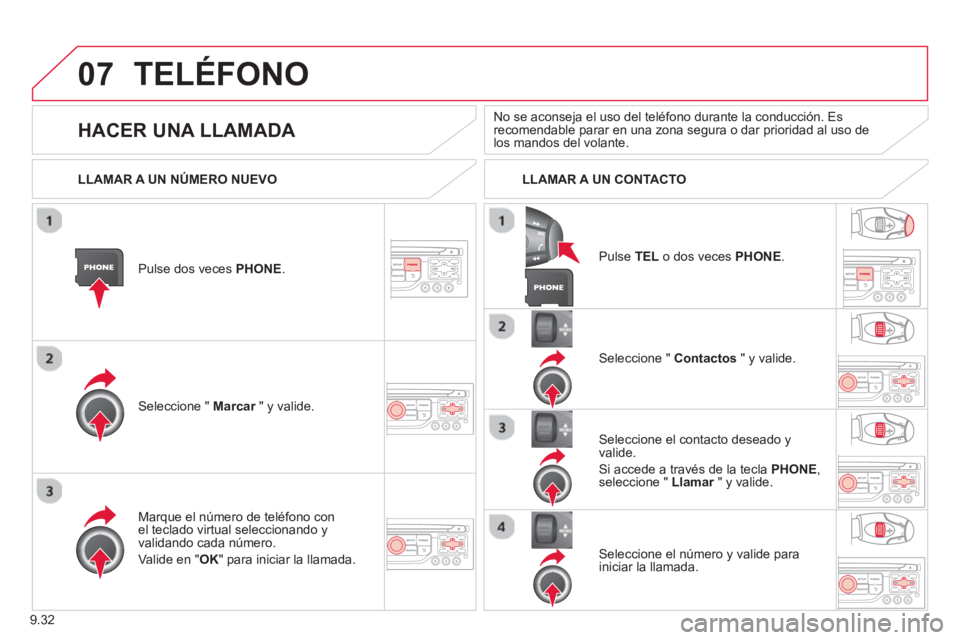 CITROEN BERLINGO ELECTRIC 2015  Manuales de Empleo (in Spanish) 9.32
07TELÉFONO
Pulse dos veces PHONE .
Seleccione "  Marcar 
 " y valide.r
Seleccione "  Contactos" y valide.
Mar
que el número de teléfono conel teclado virtual seleccionando yvalidando cada núm