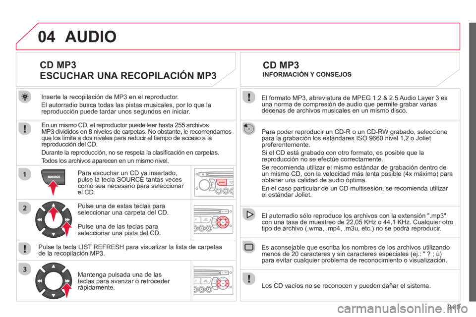 CITROEN BERLINGO ELECTRIC 2015 Manuales de Empleo (in Spanish) 9.69
04
El formato MP3, abreviatura de MPEG 1,2 & 2.5 Audio Layer 3 es una norma de compresión de audio que permite grabar varias decenas de archivos musicales en un mismo disco.
Para poder repro CITROEN BERLINGO ELECTRIC 2015 Manuales de Empleo (in Spanish) 9.69
04
El formato MP3, abreviatura de MPEG 1,2 & 2.5 Audio Layer 3 es una norma de compresión de audio que permite grabar varias decenas de archivos musicales en un mismo disco.
Para poder repro