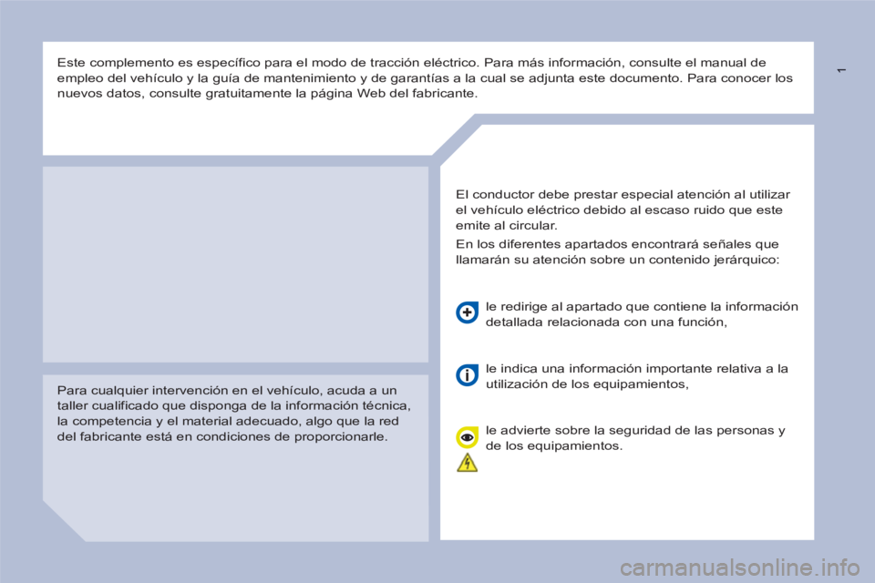 CITROEN BERLINGO ELECTRIC 2015 Manuales de Empleo (in Spanish) 1
Este complemento es específico para el modo de tracción eléctrico. Para más información, consulte el manual de
empleo del vehículo y la guía de mantenimiento y de garantías a la cual CITROEN BERLINGO ELECTRIC 2015 Manuales de Empleo (in Spanish) 1
Este complemento es específico para el modo de tracción eléctrico. Para más información, consulte el manual de
empleo del vehículo y la guía de mantenimiento y de garantías a la cual