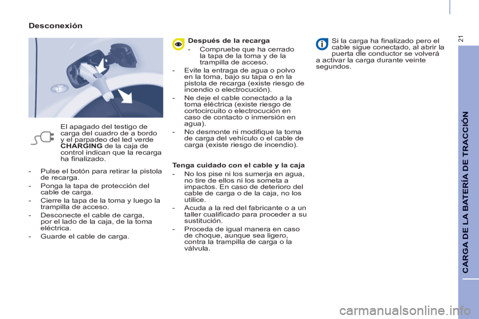 CITROEN BERLINGO ELECTRIC 2015 Manuales de Empleo (in Spanish) 21
CARGA DE LA BATERÍA DE TRACCIÓN
- Pulse el botón para retirar la pistola
de recarga.
- Ponga la tapa de protección del
cable de carga.
- Cierre la tapa de la toma y lueg CITROEN BERLINGO ELECTRIC 2015 Manuales de Empleo (in Spanish) 21
CARGA DE LA BATERÍA DE TRACCIÓN
- Pulse el botón para retirar la pistola
de recarga.
- Ponga la tapa de protección del
cable de carga.
- Cierre la tapa de la toma y lueg