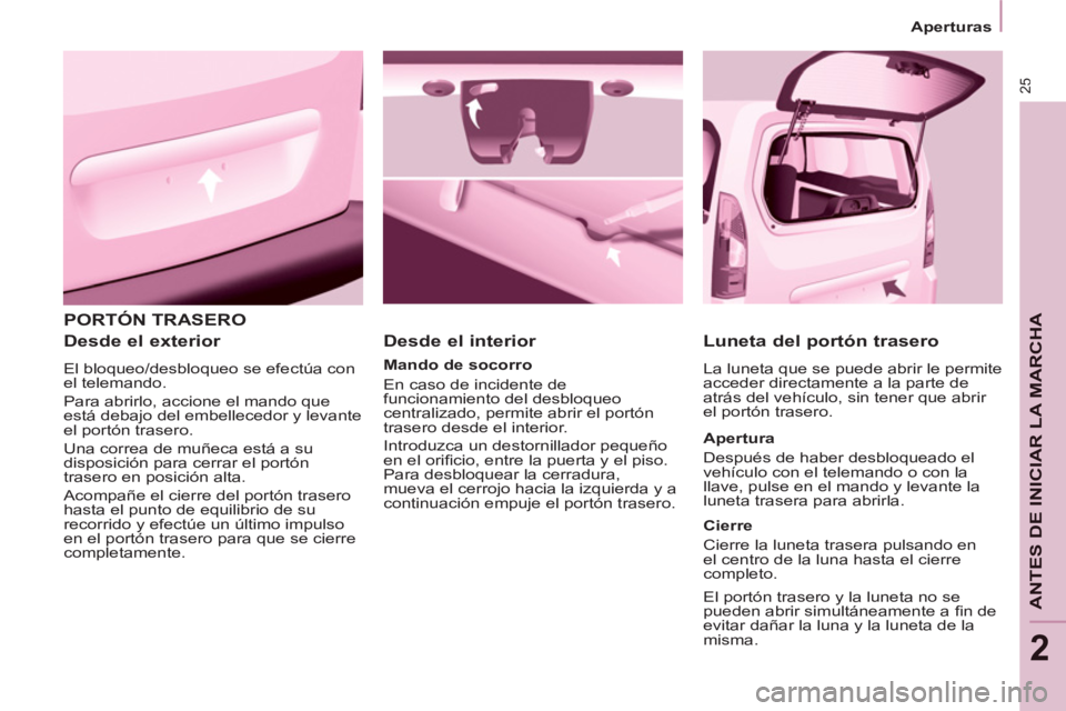CITROEN BERLINGO ELECTRIC 2015 Manuales de Empleo (in Spanish) 25
ANTES DE INICIAR LA MARCHA
Aperturas
2
PORTÓN TRASERO
Desde el exterior
El bloqueo/desbloqueo se efectúa con
el telemando.
Para abrirlo, accione el mando que
está debajo CITROEN BERLINGO ELECTRIC 2015 Manuales de Empleo (in Spanish) 25
ANTES DE INICIAR LA MARCHA
Aperturas
2
PORTÓN TRASERO
Desde el exterior
El bloqueo/desbloqueo se efectúa con
el telemando.
Para abrirlo, accione el mando que
está debajo