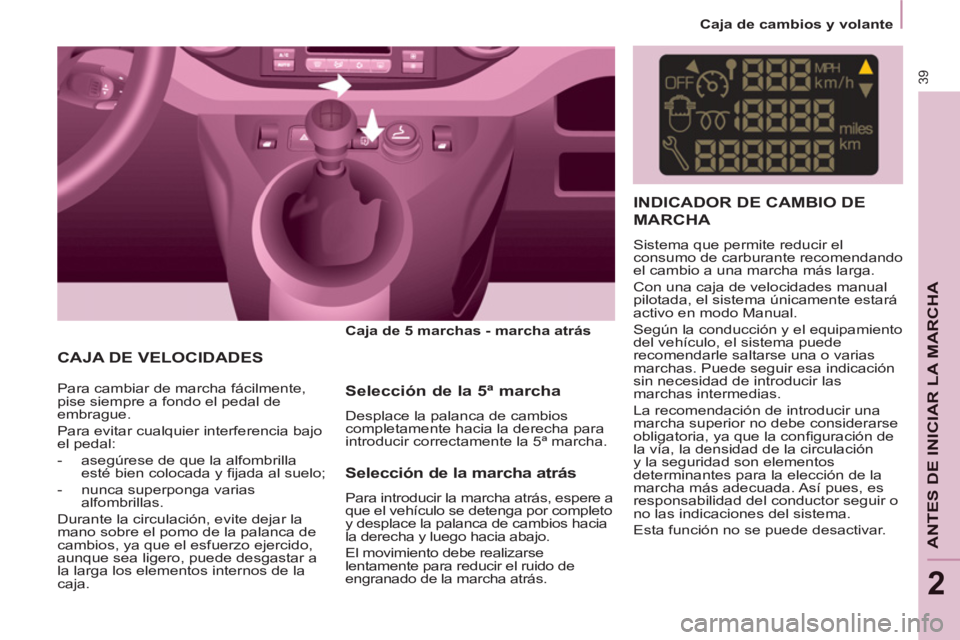 CITROEN BERLINGO ELECTRIC 2015 Manuales de Empleo (in Spanish) 2
Caja de cambios y volante
39
ANTES DE INICIAR LA MARCHA
CAJA DE VELOCIDADES
Caja de 5 marchas - marcha atrás
Para cambiar de marcha fácilmente,
pise siempre a fondo el CITROEN BERLINGO ELECTRIC 2015 Manuales de Empleo (in Spanish) 2
Caja de cambios y volante
39
ANTES DE INICIAR LA MARCHA
CAJA DE VELOCIDADES
Caja de 5 marchas - marcha atrás
Para cambiar de marcha fácilmente,
pise siempre a fondo el