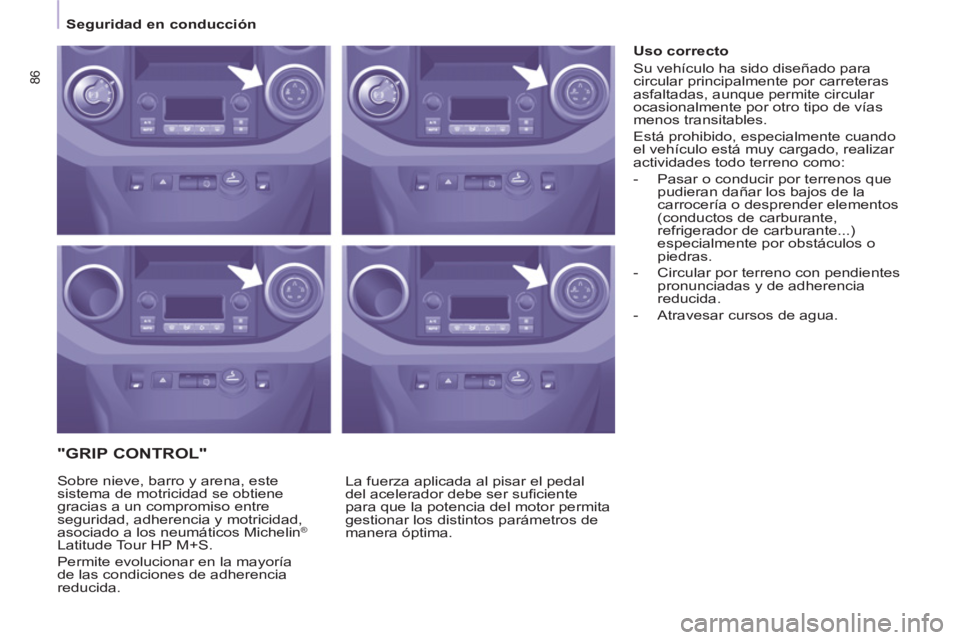 CITROEN BERLINGO ELECTRIC 2015 Manuales de Empleo (in Spanish) 86
Seguridad en conducción
"GRIP CONTROL"
La fuerza aplicada al pisar el pedal
del acelerador debe ser sufi ciente
para que la potencia del motor permita
gestionar los distintos CITROEN BERLINGO ELECTRIC 2015 Manuales de Empleo (in Spanish) 86
Seguridad en conducción
"GRIP CONTROL"
La fuerza aplicada al pisar el pedal
del acelerador debe ser sufi ciente
para que la potencia del motor permita
gestionar los distintos