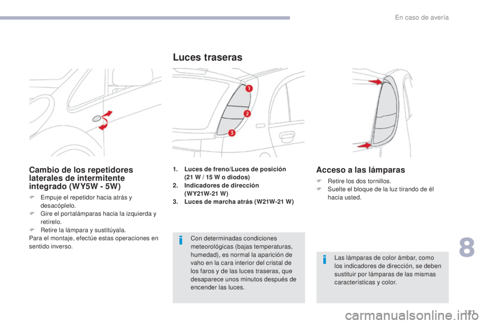 CITROEN C-ZERO 2017  Manuales de Empleo (in Spanish) 131
C-Zero_es_Chap08_en-cas-de-panne_ed01-2016
1. Luces de freno/Luces de posición  (21   W / 15   W o diodos)
2.
 I

ndicadores de dirección  
(W Y21W-21
 

W)
3.
 L

uces de marcha atrás (W21W-21