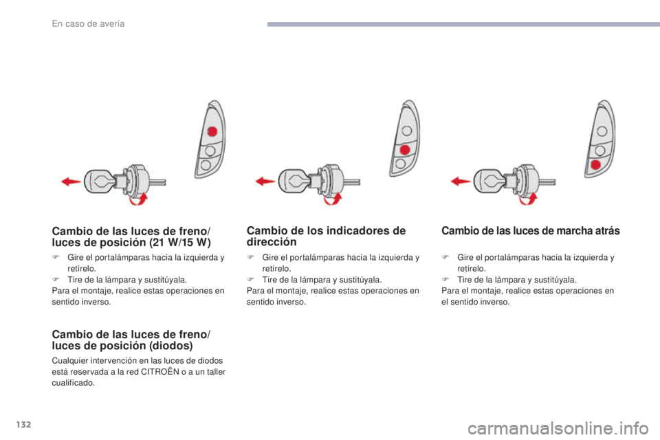 CITROEN C-ZERO 2017  Manuales de Empleo (in Spanish) 132
C-Zero_es_Chap08_en-cas-de-panne_ed01-2016
Cambio de los indicadores de 
dirección
Cambio de las luces de freno/
luces de posición (diodos)
Cualquier intervención en las luces de diodos 
está 