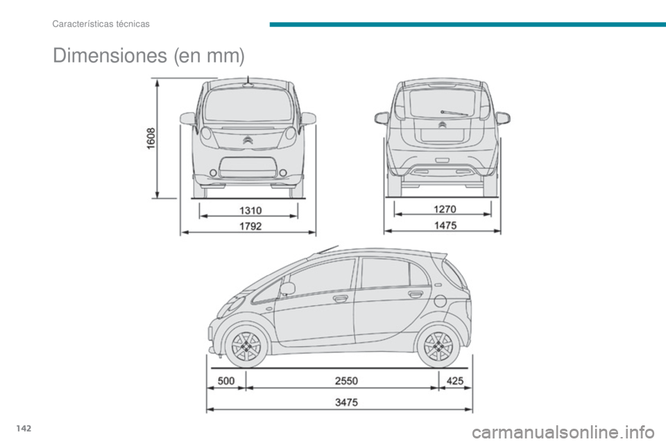 CITROEN C-ZERO 2017  Manuales de Empleo (in Spanish) 142
C-Zero_es_Chap09_caracteristiques-techniques_ed01-2016
Dimensiones (en mm) 
Características técnicas  