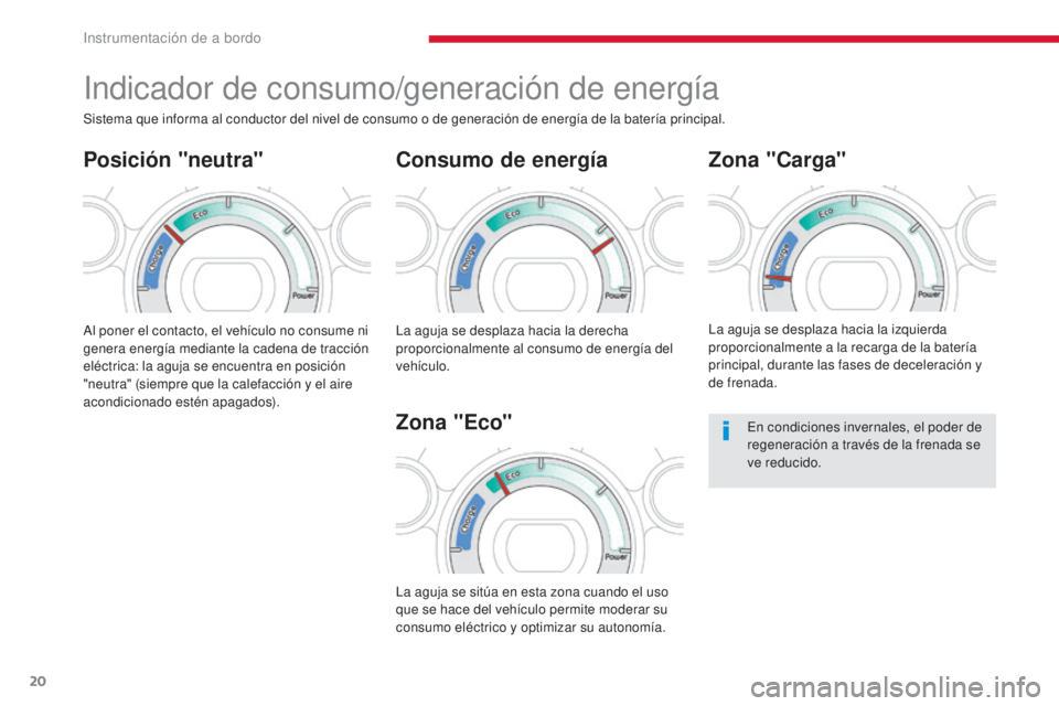 CITROEN C-ZERO 2017  Manuales de Empleo (in Spanish) 20
C-Zero_es_Chap01_instruments-de-bord_ed01-2016
Indicador de consumo/generación de energía
Consumo de energía
Al poner el contacto, el vehículo no consume ni 
genera energía mediante la cadena 