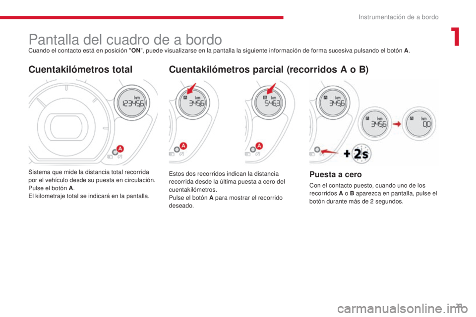 CITROEN C-ZERO 2017  Manuales de Empleo (in Spanish) 21
C-Zero_es_Chap01_instruments-de-bord_ed01-2016
Pantalla del cuadro de a bordoCuando el contacto está en posición "ON", puede visualizarse en la pantalla la siguiente información de forma