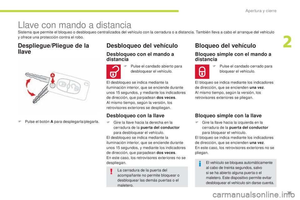 CITROEN C-ZERO 2017  Manuales de Empleo (in Spanish) 25
C-Zero_es_Chap02_ouvertures_ed01-2016
Sistema que permite el bloqueo o desbloqueo centralizados del vehículo con la cerradura o a distancia. También lleva a cabo el arranque del vehículo 
y ofre