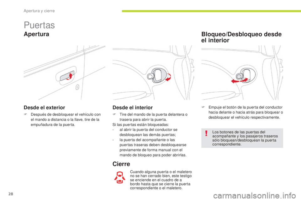 CITROEN C-ZERO 2017  Manuales de Empleo (in Spanish) 28
C-Zero_es_Chap02_ouvertures_ed01-2016
Puertas
Desde el exterior
F Después de desbloquear el vehículo con el mando a distancia o la llave, tire de la 
empuñadura de la puerta.
Desde el interior
F
