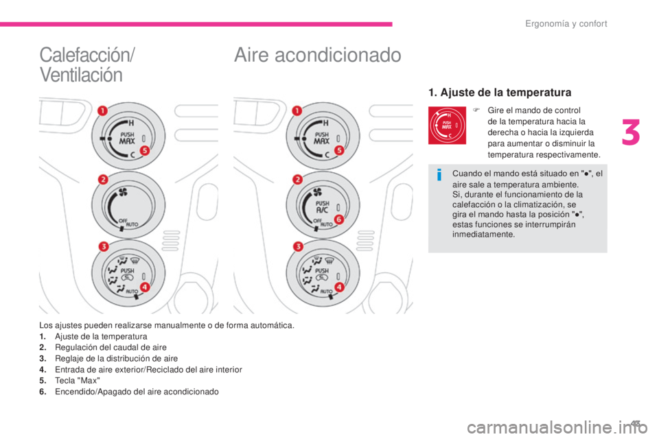 CITROEN C-ZERO 2017  Manuales de Empleo (in Spanish) 43
C-Zero_es_Chap03_ergonomie-et-confort_ed01-2016
Aire acondicionado
1. Ajuste de la temperatura
F Gire el mando de control de la temperatura hacia la 
derecha o hacia la izquierda 
para aumentar o d
