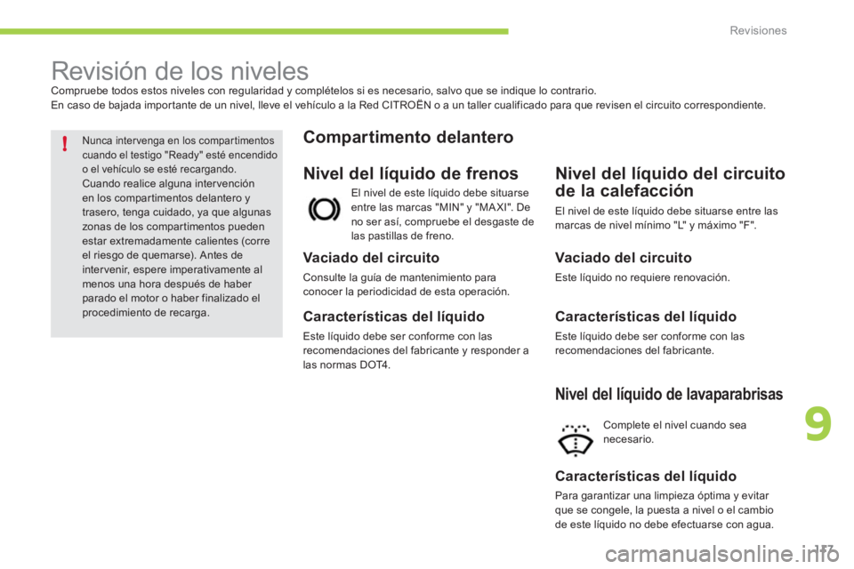 CITROEN C-ZERO 2012  Manuales de Empleo (in Spanish) 9
!
Revisiones
117
   
 
 
 
 
 
 
 
 
 
 
 
 
 
 
 
 
 
 
 
 
 
 
 
 
 
Revisión de los niveles  
Compruebe todos estos niveles con regularidad y complételos si es necesario, salvo que se indique l
