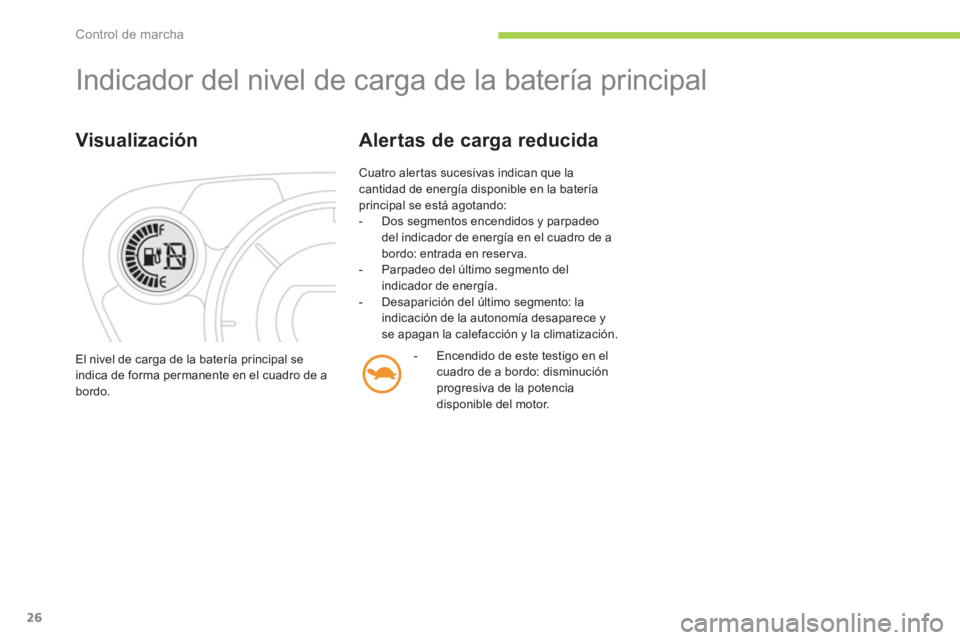 CITROEN C-ZERO 2012  Manuales de Empleo (in Spanish) Control de marcha
26
  Indicador del nivel de carga de la batería principal 
 
 
Visualización 
 
Cuatro alertas sucesivas indican que la 
cantidad de energía disponible en la batería 
principal s