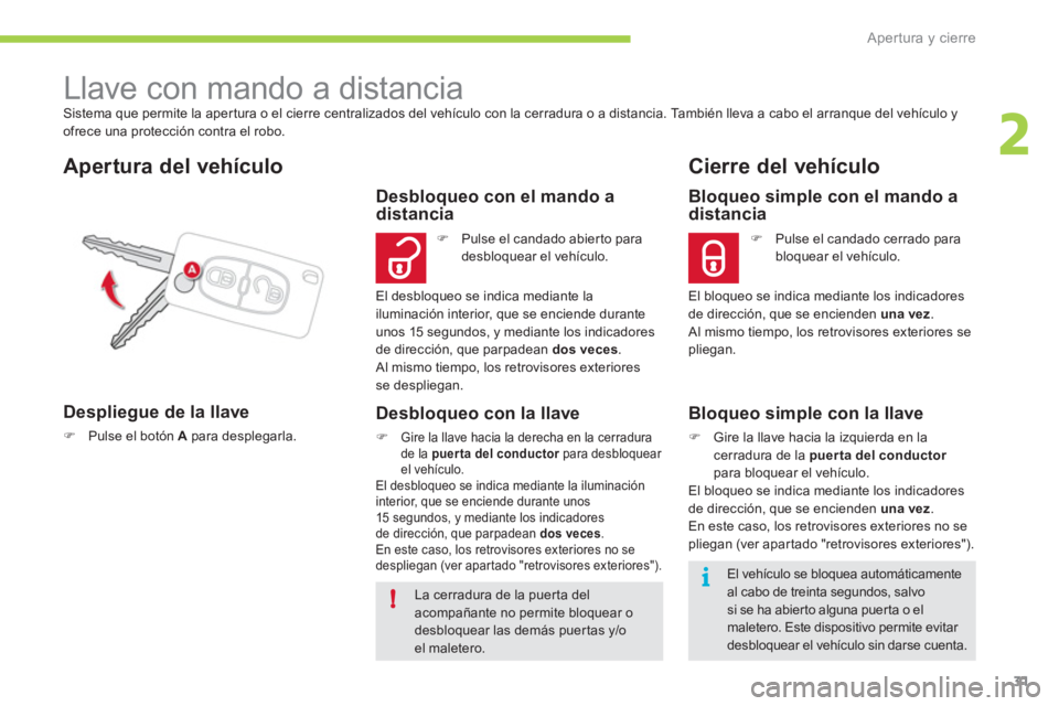CITROEN C-ZERO 2012  Manuales de Empleo (in Spanish) 2
i
!
Apertura y cierre
31
  Sistema que permite la apertura o el cierre centralizados del vehículo con la cerradura o a distancia. También lleva a cabo el arranque del vehículo y 
ofrece una prote