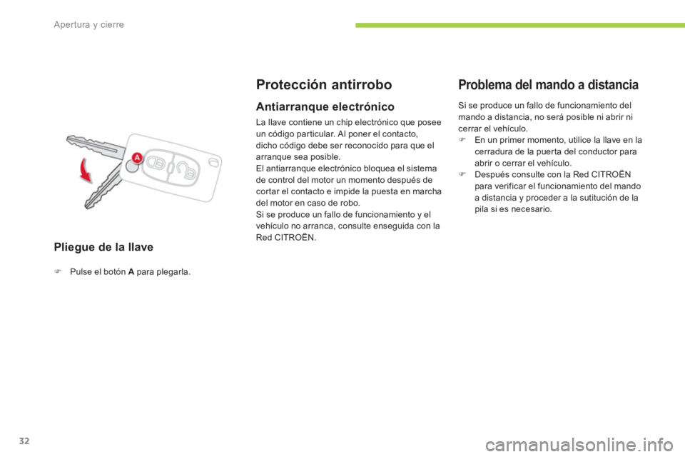 CITROEN C-ZERO 2012  Manuales de Empleo (in Spanish) Apertura y cierre
32
   
Pliegue de la llave 
 
 
 
 
 
 
 
Protección antirrobo 
 
 
 
�) 
  Pulse el botón  A 
 para plegarla.  
 
 
 
 
Antiarranque electrónico 
 
La llave contiene un chip elec