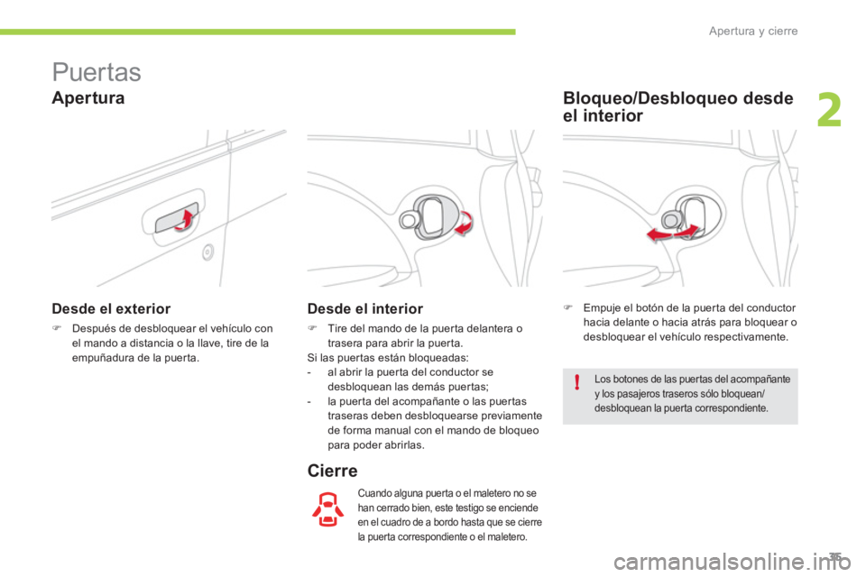 CITROEN C-ZERO 2012  Manuales de Empleo (in Spanish) 2
!
Apertura y cierre
35
   
 
 
 
 
Puertas 
 
 
Desde el exterior 
 
 
 
�) 
  Después de desbloquear el vehículo con 
el mando a distancia o la llave, tire de la 
empuñadura de la puerta.  
 
 
