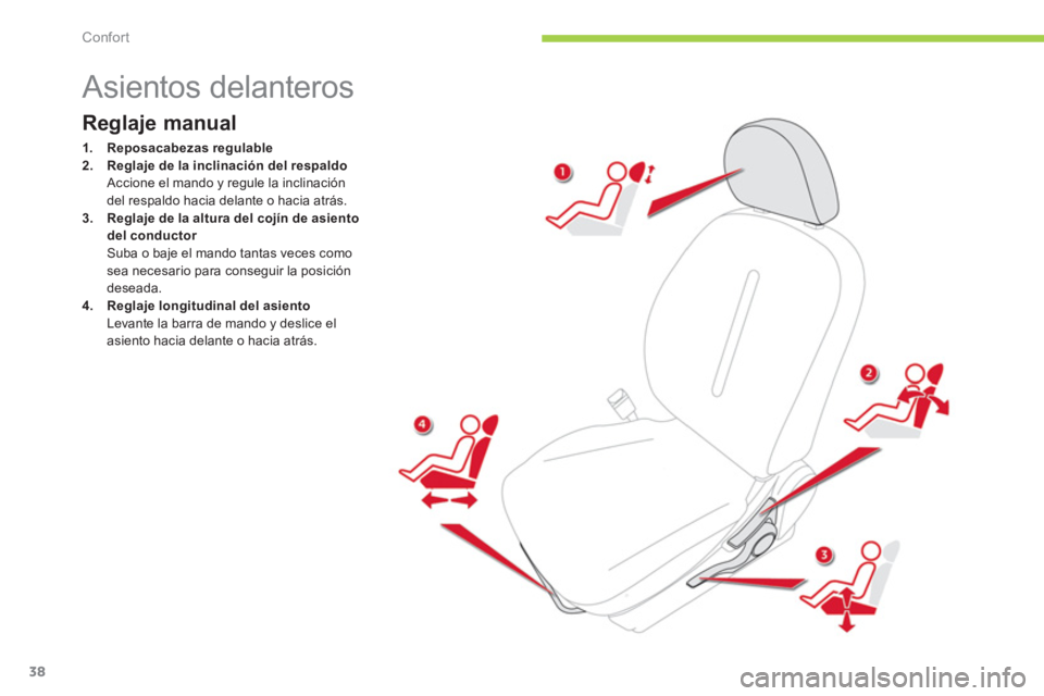 CITROEN C-ZERO 2012  Manuales de Empleo (in Spanish) Confort
38
   
 
 
 
 
 
 
 
 
 
 
 
 
 
Asientos delanteros 
 
 
Reglaje manual 
 
 
 
1. 
  Reposacabezas regulable 
 
   
2. 
  Reglaje de la inclinación del respaldo 
 
 
  Accione el mando y reg