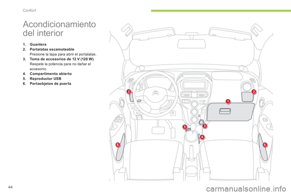 CITROEN C-ZERO 2012  Manuales de Empleo (in Spanish) Confort
44
   
 
 
 
 
 
 
 
 
 
 
 
 
 
 
 
 
 
 
 
Acondicionamiento 
del interior 
   
 
1. 
  Guantera 
 
   
2. 
  Por talatas escamoteable 
 
 
  Presione la tapa para abrir el por talatas. 
   