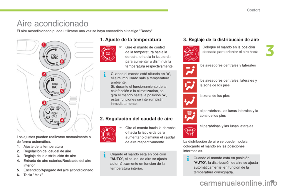 CITROEN C-ZERO 2012  Manuales de Empleo (in Spanish) 3
i
ii
Confort
49
  Aire acondicionado 
 
 
El aire acondicionado puede utilizarse una vez se haya encendido el testigo "Ready". 
 
 
 
 
 
 
 
 
 
 
 
 
 
 
 
 
 
 
1. Ajuste de la temperatura 
 
 
 