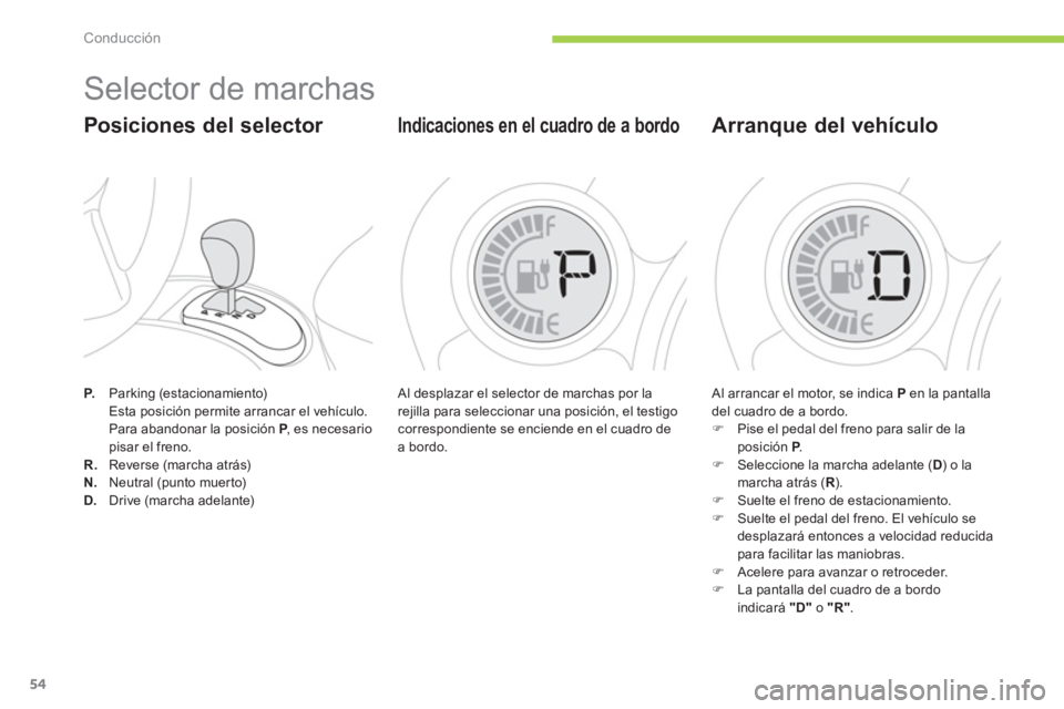 CITROEN C-ZERO 2012  Manuales de Empleo (in Spanish) Conducción
54
   
P. 
 Parking (estacionamiento) 
    Esta posición permite arrancar el vehículo. 
  Para abandonar la posición  P 
, es necesario 
pisar el freno. 
   
R. 
 Reverse (marcha atrás