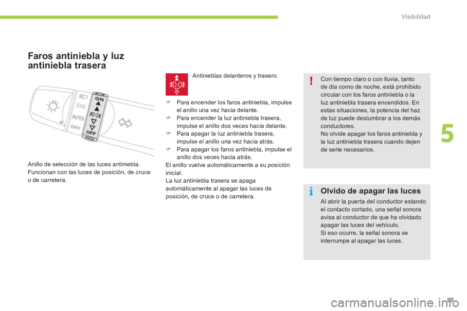 CITROEN C-ZERO 2012 Manuales de Empleo (in Spanish) 5
i !
Visibilidad
57
Faros antiniebla y luz
antiniebla trasera
Anillo de selección de las luces antiniebla.
Funcionan con las luces de posición, de cruce
o de carretera.
CITROEN C-ZERO 2012 Manuales de Empleo (in Spanish) 5
i !
Visibilidad
57
Faros antiniebla y luz
antiniebla trasera
Anillo de selección de las luces antiniebla.
Funcionan con las luces de posición, de cruce
o de carretera.