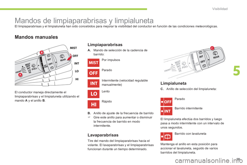CITROEN C-ZERO 2012 Manuales de Empleo (in Spanish) 5
Visibilidad
59
Mandos de limpiaparabrisas y limpialuneta
El limpiaparabrisas y el limpialuneta han sido concebidos para mejorar la visibilidad del conductor en función de las co CITROEN C-ZERO 2012 Manuales de Empleo (in Spanish) 5
Visibilidad
59
Mandos de limpiaparabrisas y limpialuneta
El limpiaparabrisas y el limpialuneta han sido concebidos para mejorar la visibilidad del conductor en función de las co