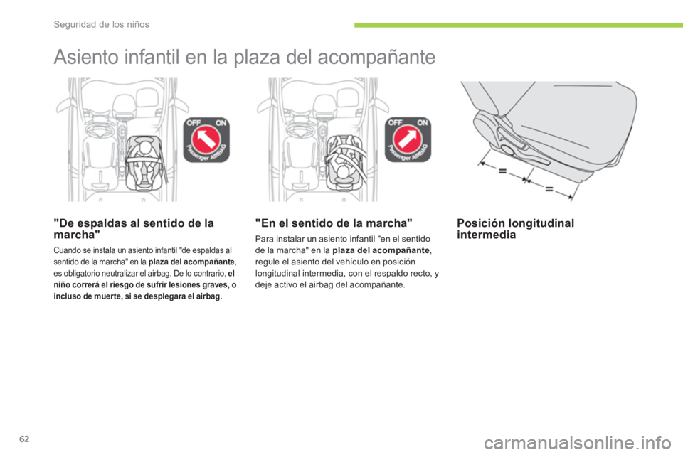 CITROEN C-ZERO 2012  Manuales de Empleo (in Spanish) Seguridad de los niños
62
  Asiento infantil en la plaza del acompañante  
 
 
"De espaldas al sentido de la 
marcha" 
  Cuando se instala un asiento infantil "de espaldas al 
sentido de la marcha" 