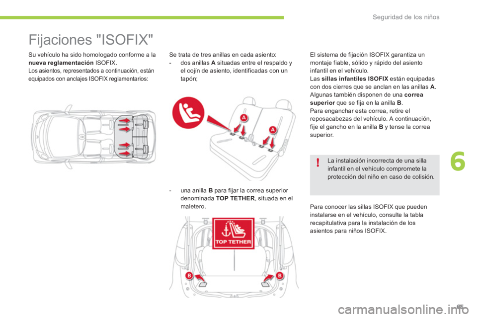 CITROEN C-ZERO 2012 Manuales de Empleo (in Spanish) 6!
Seguridad de los niños
65
Su vehículo ha sido homologado conforme a la
nueva reglamentación
ISOFIX.
Los asientos, representados a continuación, están
equipados con anclajes ISOFIX r CITROEN C-ZERO 2012 Manuales de Empleo (in Spanish) 6!
Seguridad de los niños
65
Su vehículo ha sido homologado conforme a la
nueva reglamentación
ISOFIX.
Los asientos, representados a continuación, están
equipados con anclajes ISOFIX r