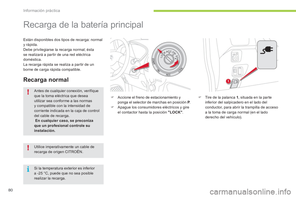 CITROEN C-ZERO 2012  Manuales de Empleo (in Spanish) !
!
i
Información práctica
80
   
 
 
 
 
 
 
 
Recarga de la batería principal 
 
 
�) 
  Tire de la palanca  1 
, situada en la par te 
inferior del salpicadero en el lado del 
conductor, para ab